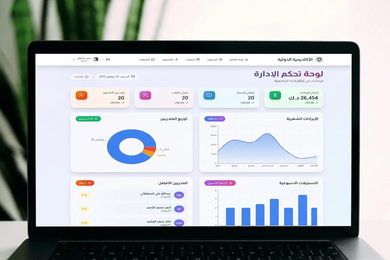 International Academy administration dashboard in Arabic on a laptop