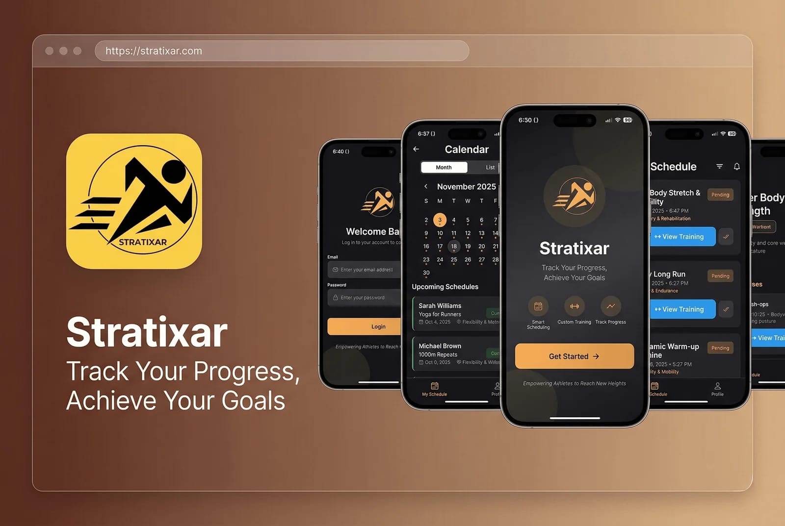 Stratixar app screens on several iPhones
