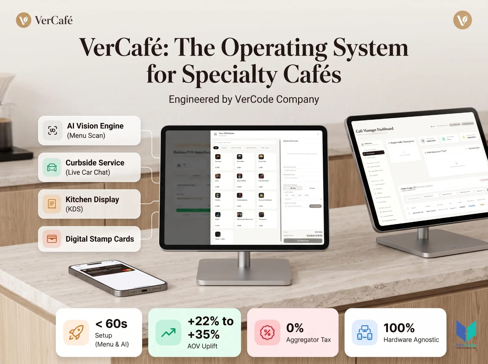 VerCafé point of sale and café manager dashboard on tablets, with its main features listed
